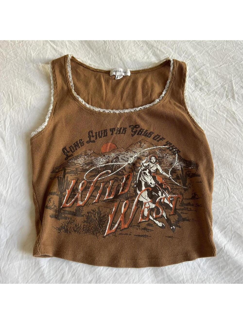 Brown tank top with lace trim